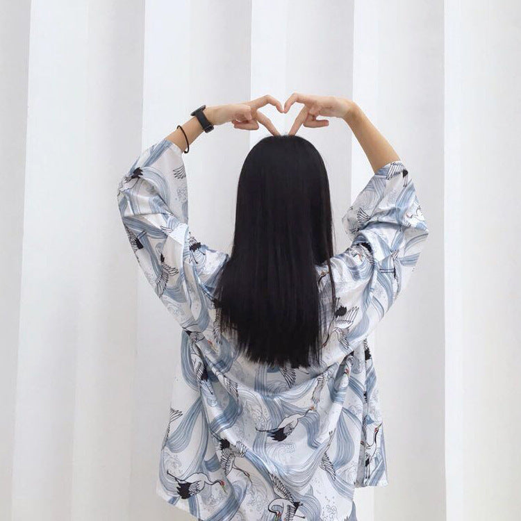 Loose Plus Size Travel Crane Print Sun Protection Clothing