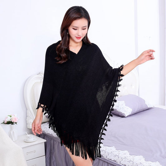 Sleeve Contrast Stitching Tassel Cape Plus Size Women's Clothing