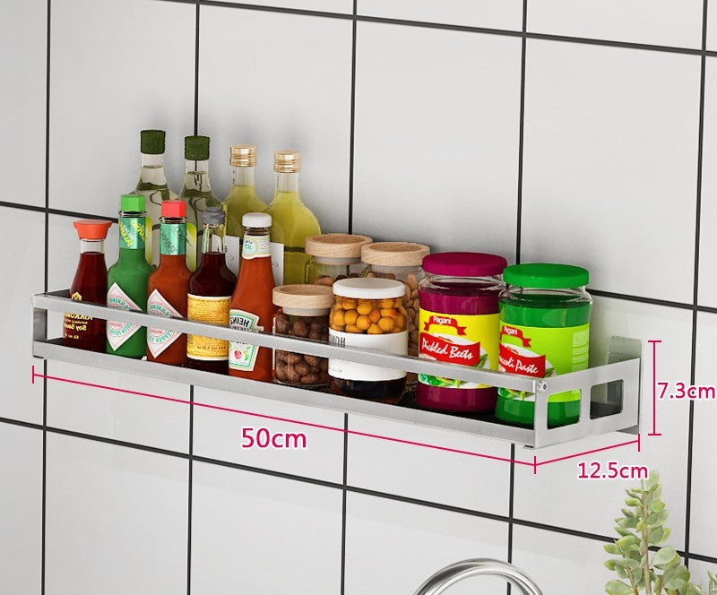 Wall-mounted non-perforated wall condiment storage shelf