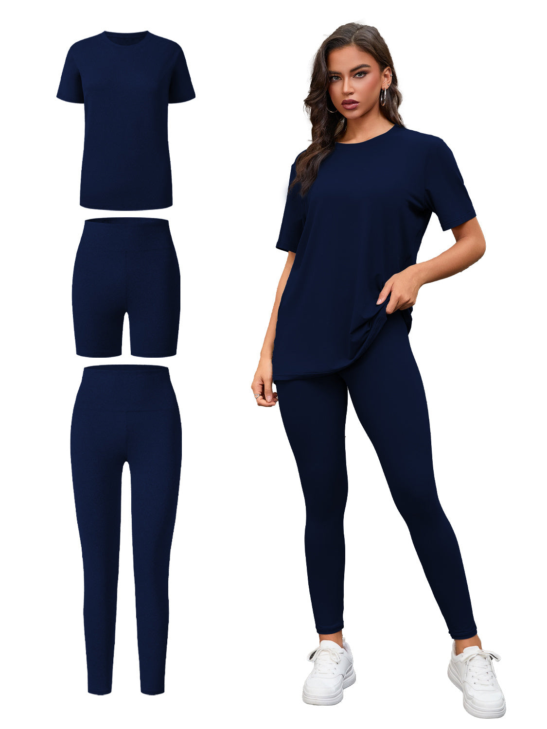 Three Piece Set, Round Neck Short Sleeved Top And Shorts And Pants Set, Sports And Casual Clothing