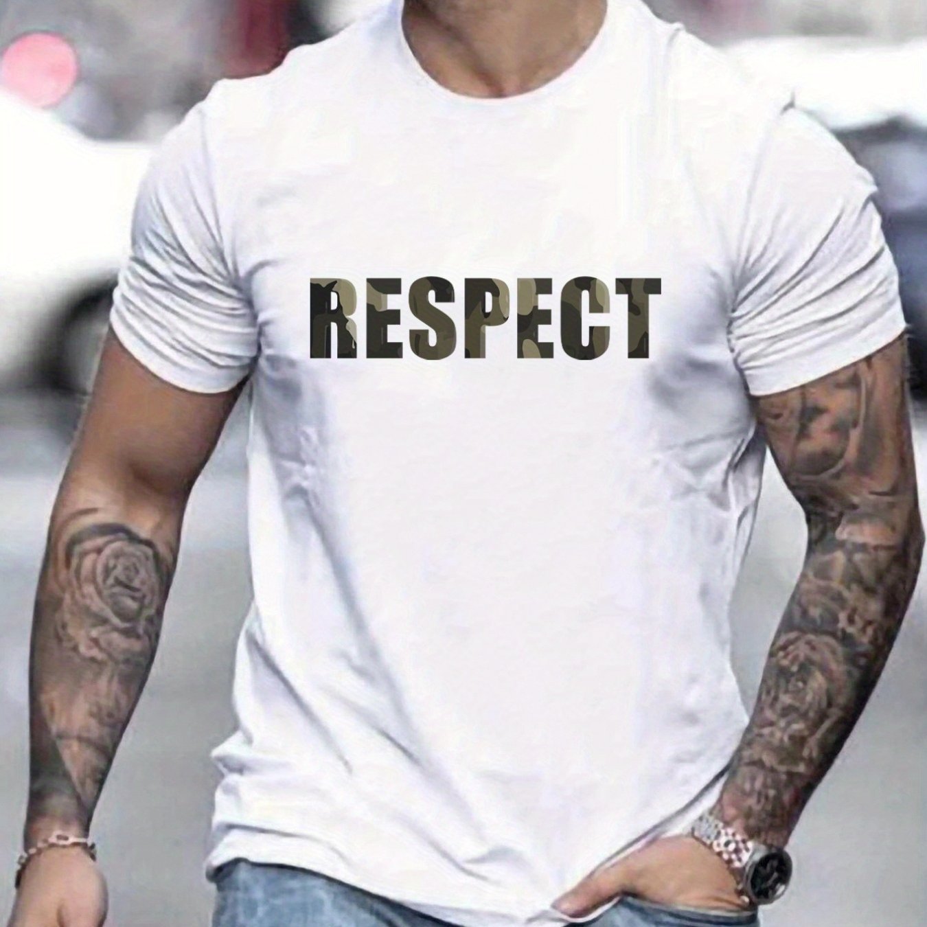 Letter RESPECT Pattern Printed Men's T-shirt, Patterned T-shirt Men's Summer Clothing, Men's Clothing