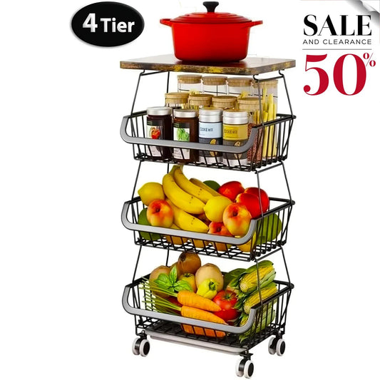 Tier Fruit Basket For Kitchen Organizers And Storage,with Solid Wood Top,Stackable Metal Wire Basket Stand Cart With Wheels For Fruit Vegetable