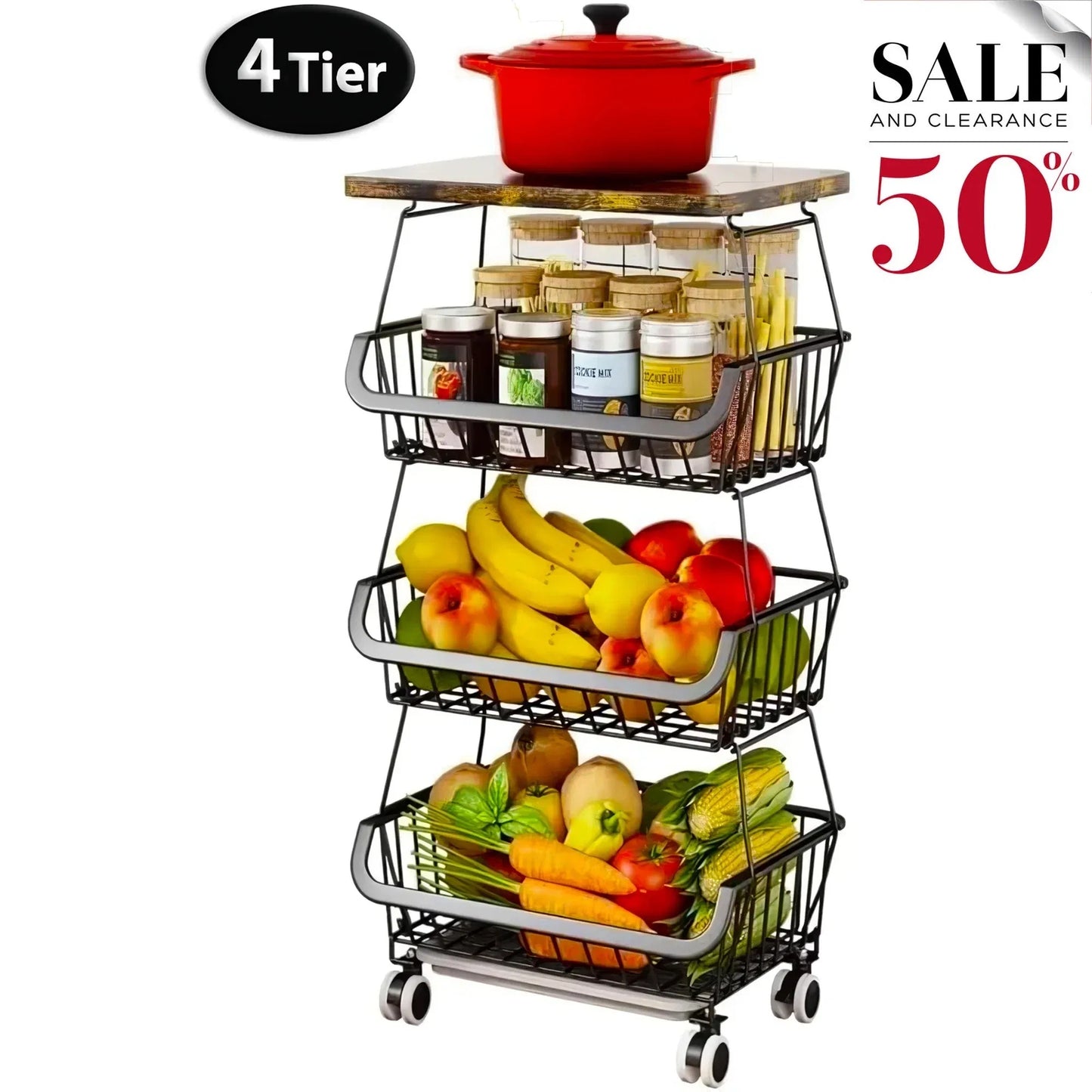 Tier Fruit Basket For Kitchen Organizers And Storage,with Solid Wood Top,Stackable Metal Wire Basket Stand Cart With Wheels For Fruit Vegetable