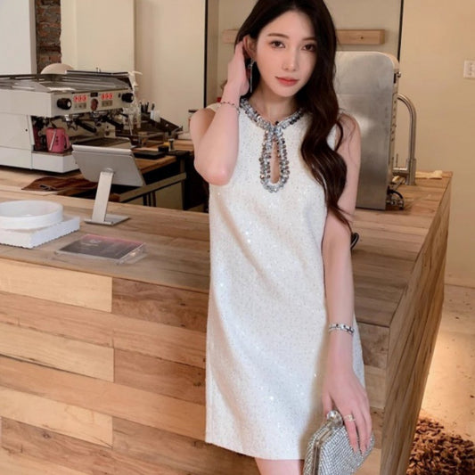 Spring New Women's Clothing Round Neck Sequins Sleeveless Dress