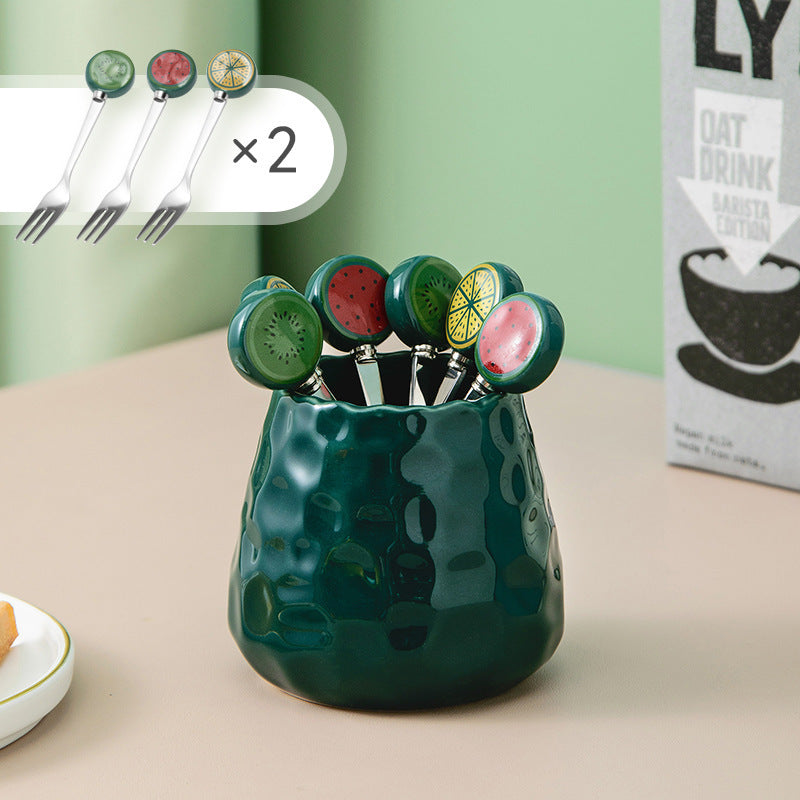 Household Stainless Steel Fruit Fork Storage Jar Set