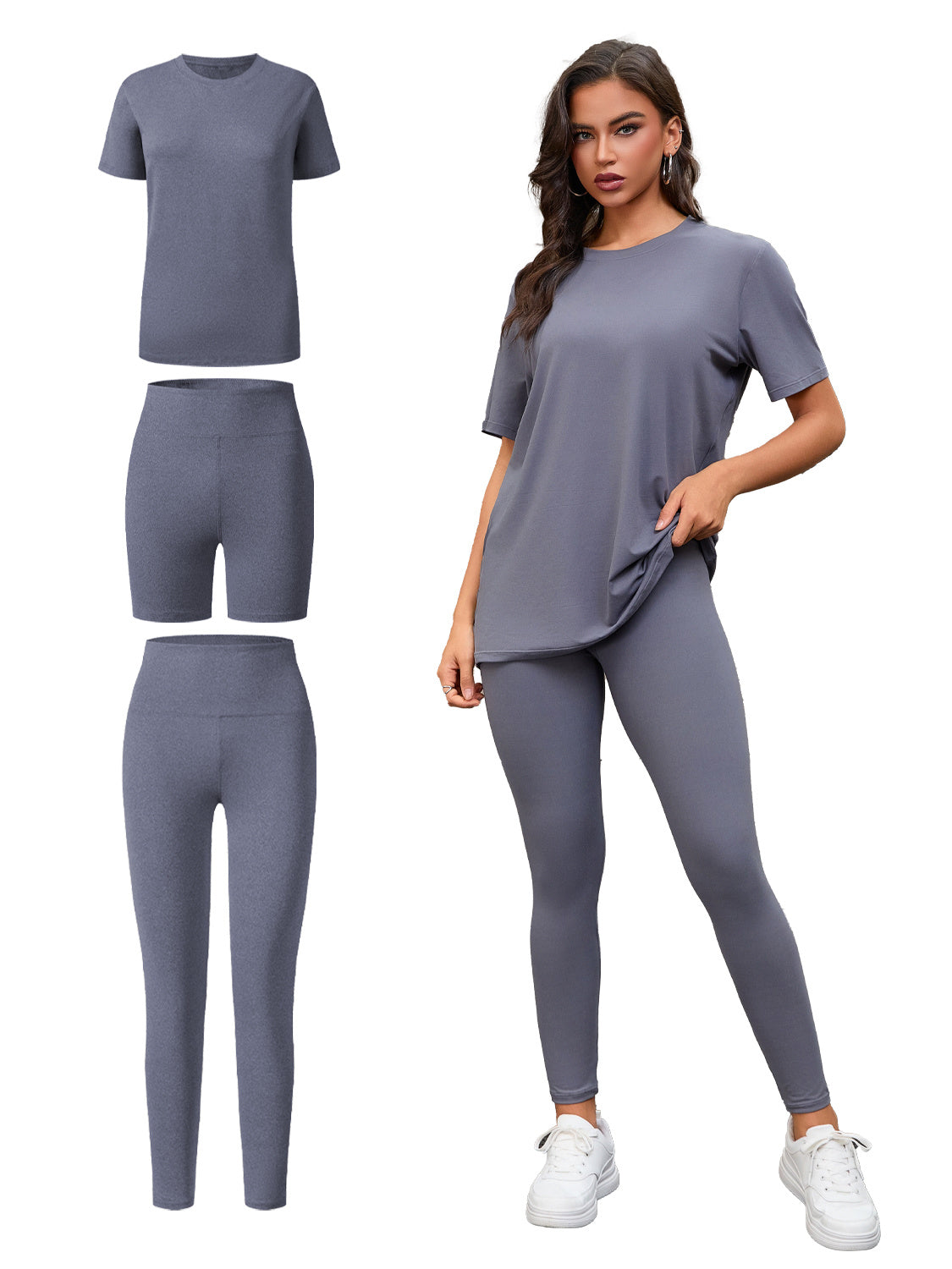 Three Piece Set, Round Neck Short Sleeved Top And Shorts And Pants Set, Sports And Casual Clothing