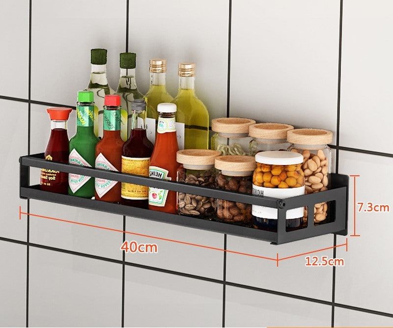 Wall-mounted non-perforated wall condiment storage shelf