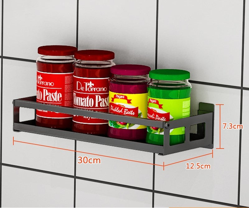 Wall-mounted non-perforated wall condiment storage shelf