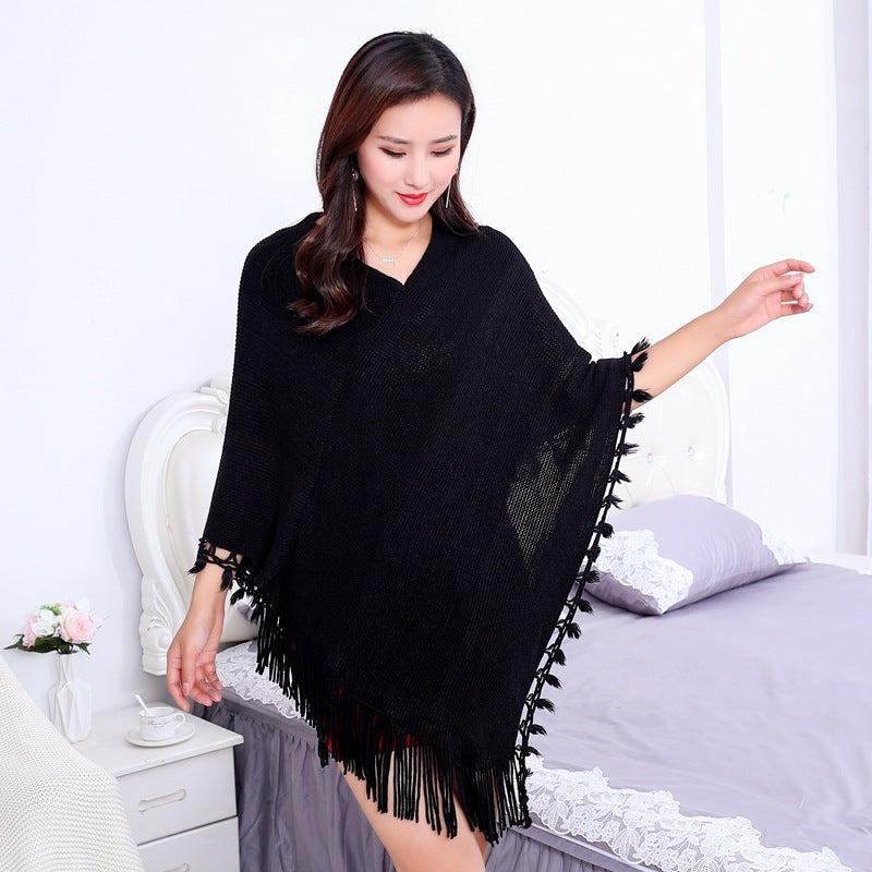 Sleeve Contrast Stitching Tassel Cape Plus Size Women's Clothing