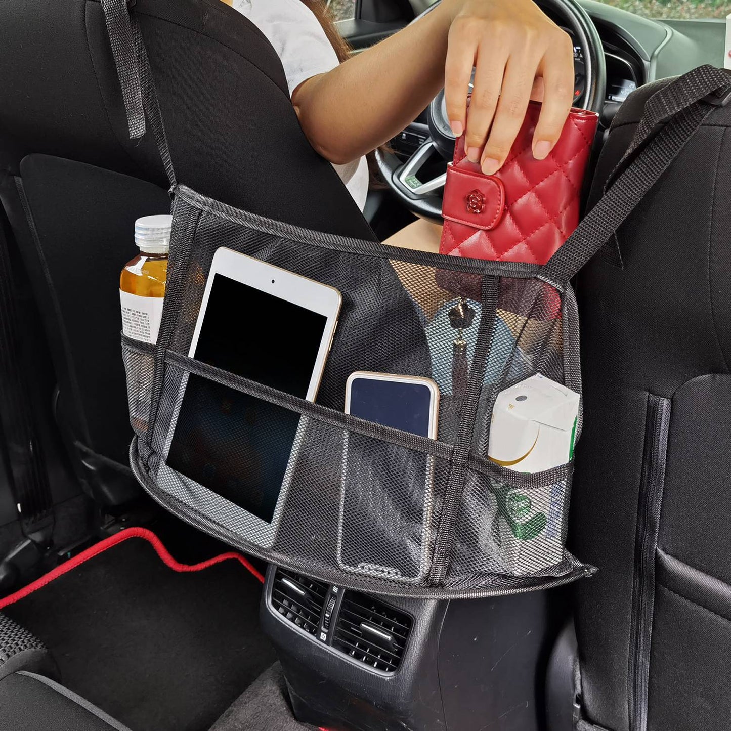 1Pc Car Net Pocket Handbag Holder Car Storage Netting Pouch Seat Side Storage Mesh Organizers Bag For Purse Phone Documents Barrier Pets Kids At Backseat
