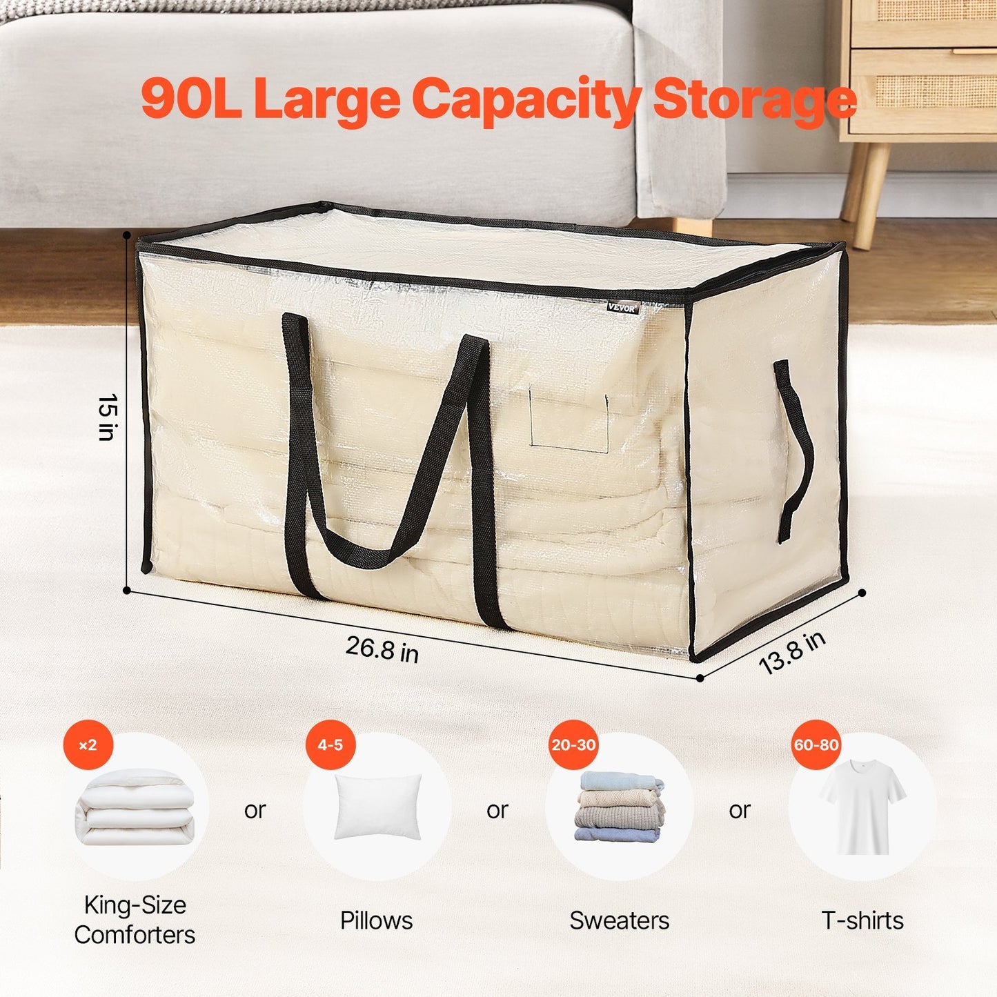 90L Large Storage Bags, 6 Pack Clothes Storage Bins, Foldable Closet Organizers Containers With Reinforced Handle, Plastic Storage Bags For Clothing, Blanket, Comforter, Bed Sheet, And Pillow