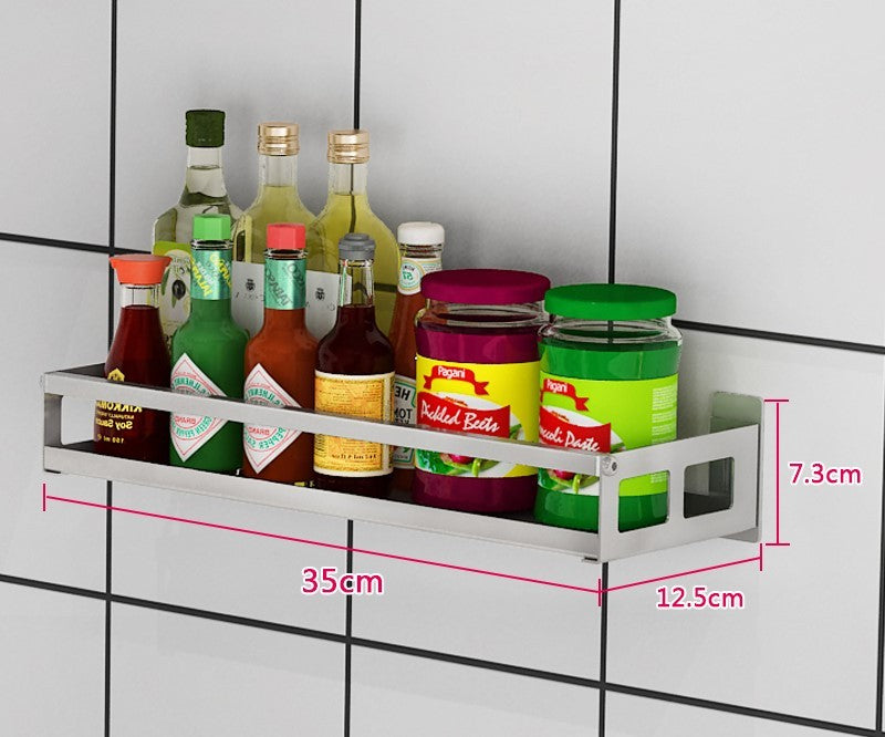 Wall-mounted non-perforated wall condiment storage shelf