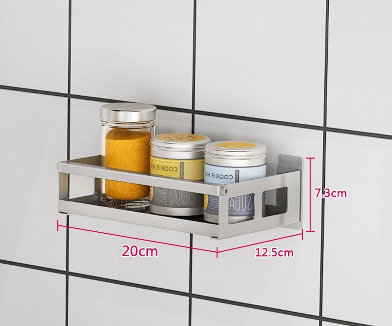 Wall-mounted non-perforated wall condiment storage shelf