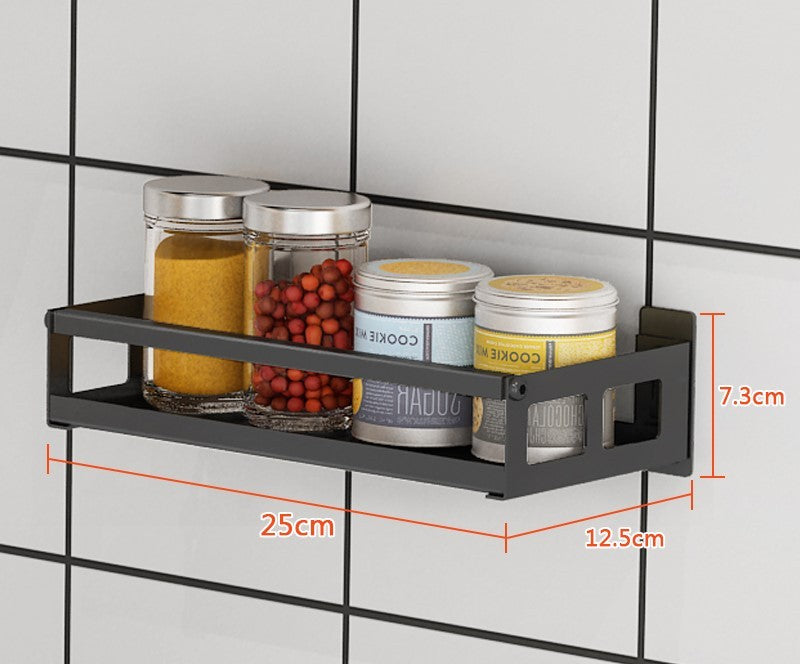 Wall-mounted non-perforated wall condiment storage shelf
