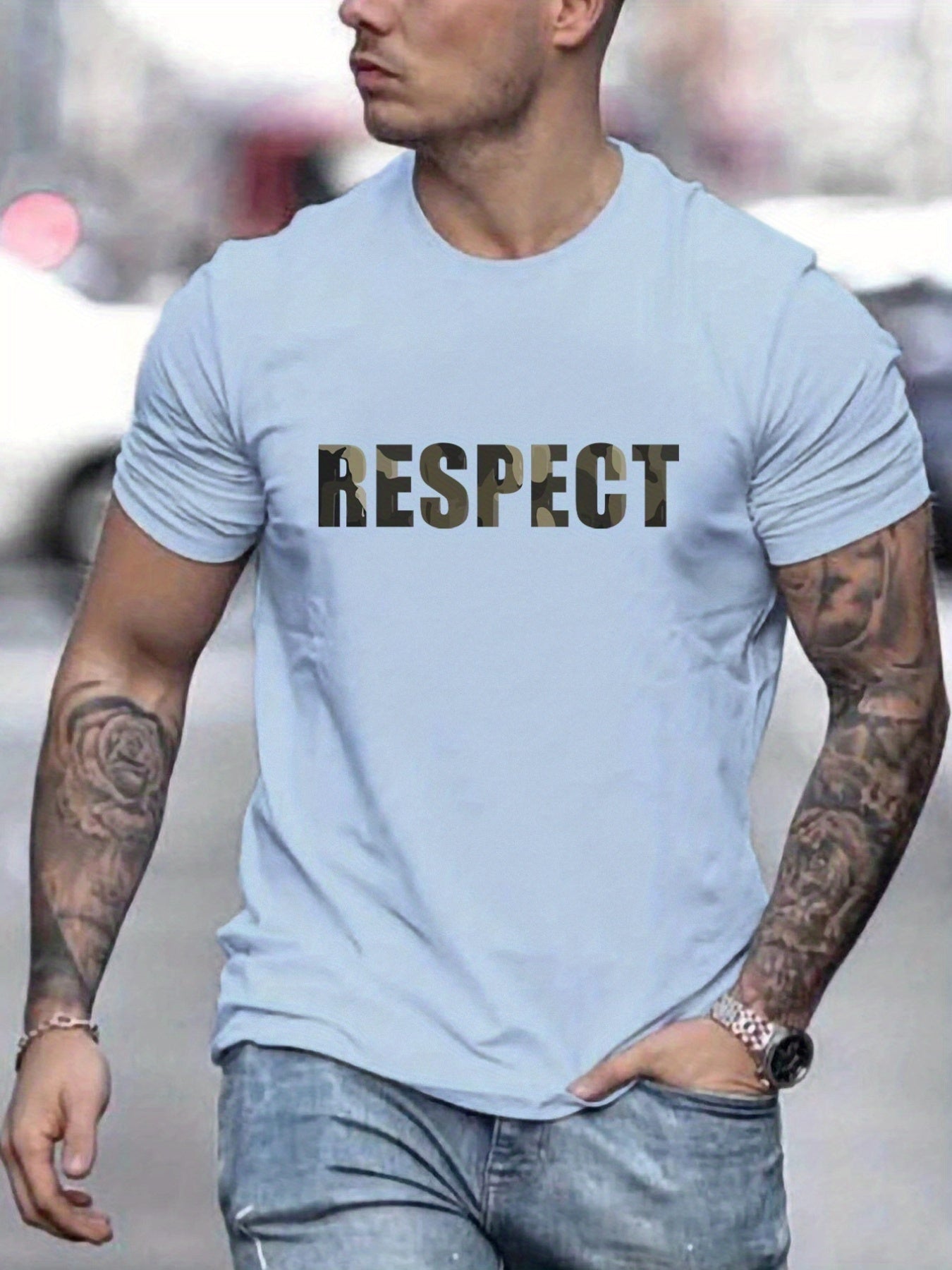 Letter RESPECT Pattern Printed Men's T-shirt, Patterned T-shirt Men's Summer Clothing, Men's Clothing