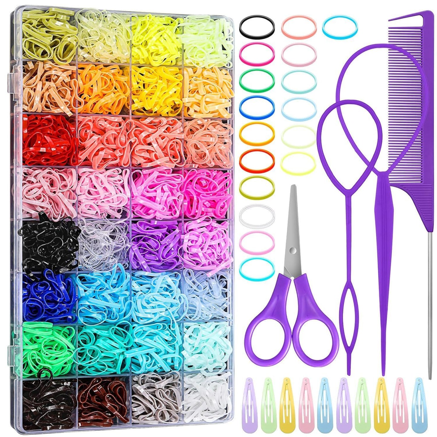 32 Colors Small Hair Rubber Bands With 16 Hair Styling Tools, 2000 Pcs Elastic Girl Baby Hair Ties Mini Hair Bands With Hair Elastic Cutter Hair Accessories Xmas Stuff For Girls Baby Toddlers Kids