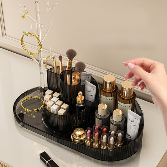 Rotating Makeup Organizer With Jewelry Storage  Large Capacity Cosmetic Display Case Holds 20 Brushes, 10 Lipsticks, 8 Skincare Products 360 Spinning Vanity Organizer For Countertop & Bathroom
