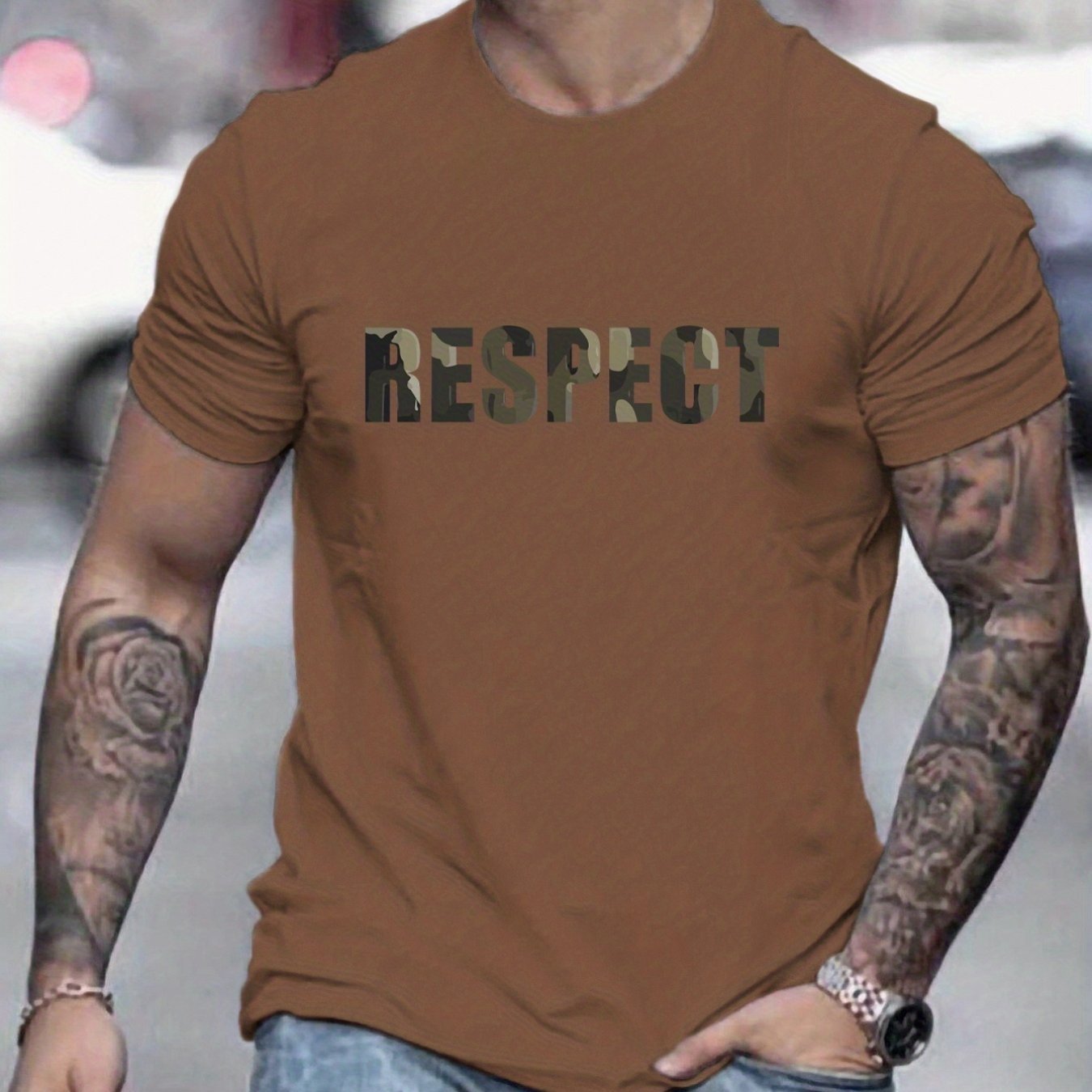 Letter RESPECT Pattern Printed Men's T-shirt, Patterned T-shirt Men's Summer Clothing, Men's Clothing