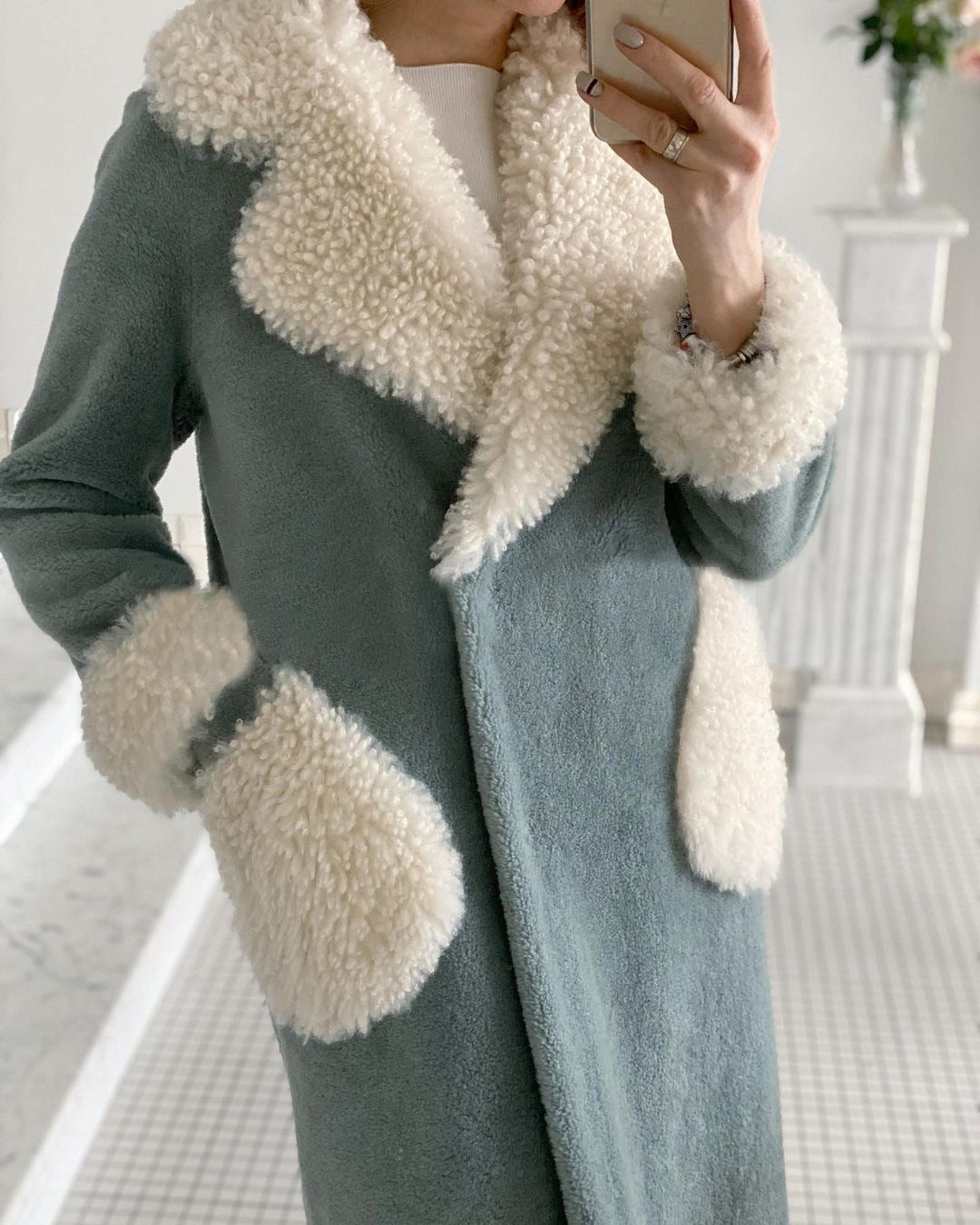 Lamb Wool Long Lapel Pocket Jacket Simple Women's Clothing