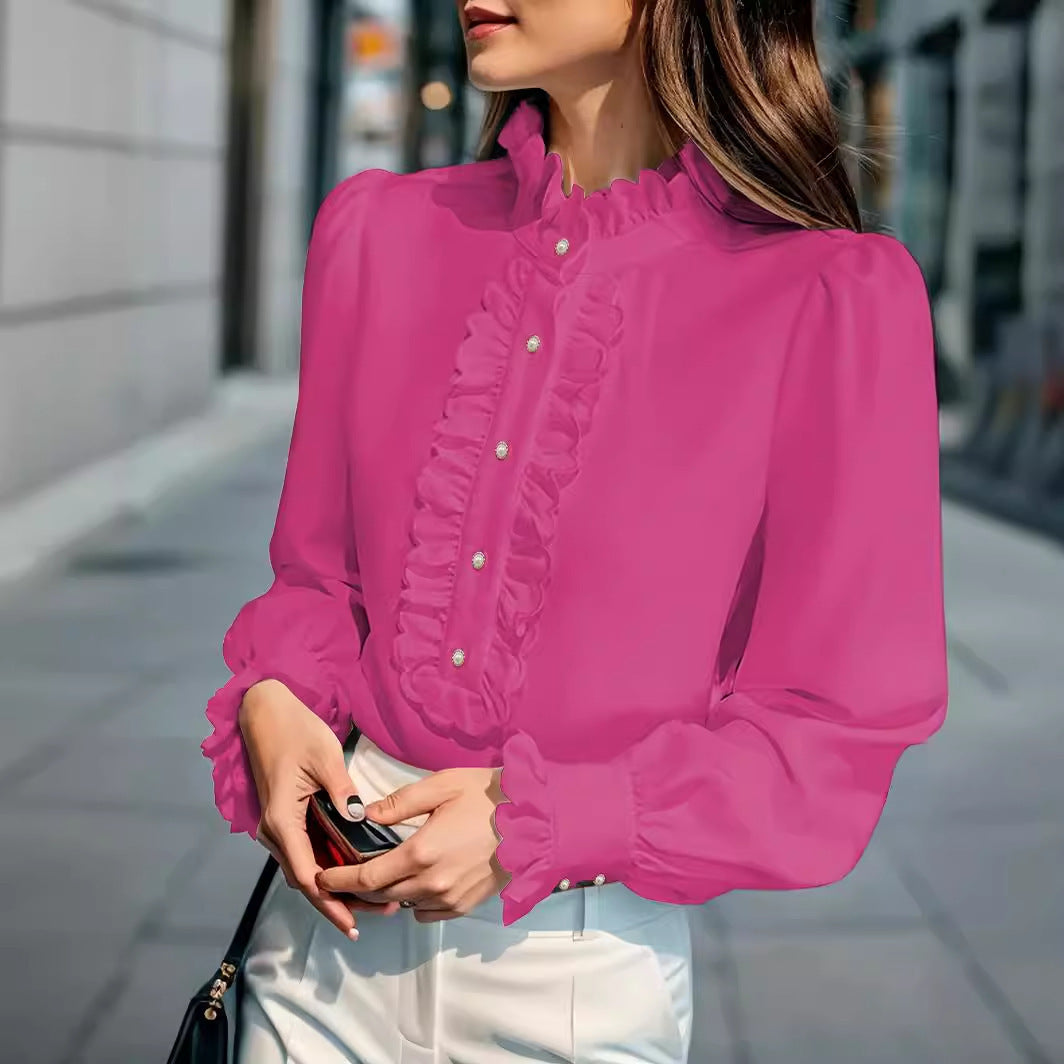 European And American Women's Clothing Shirt Ruffled All-match