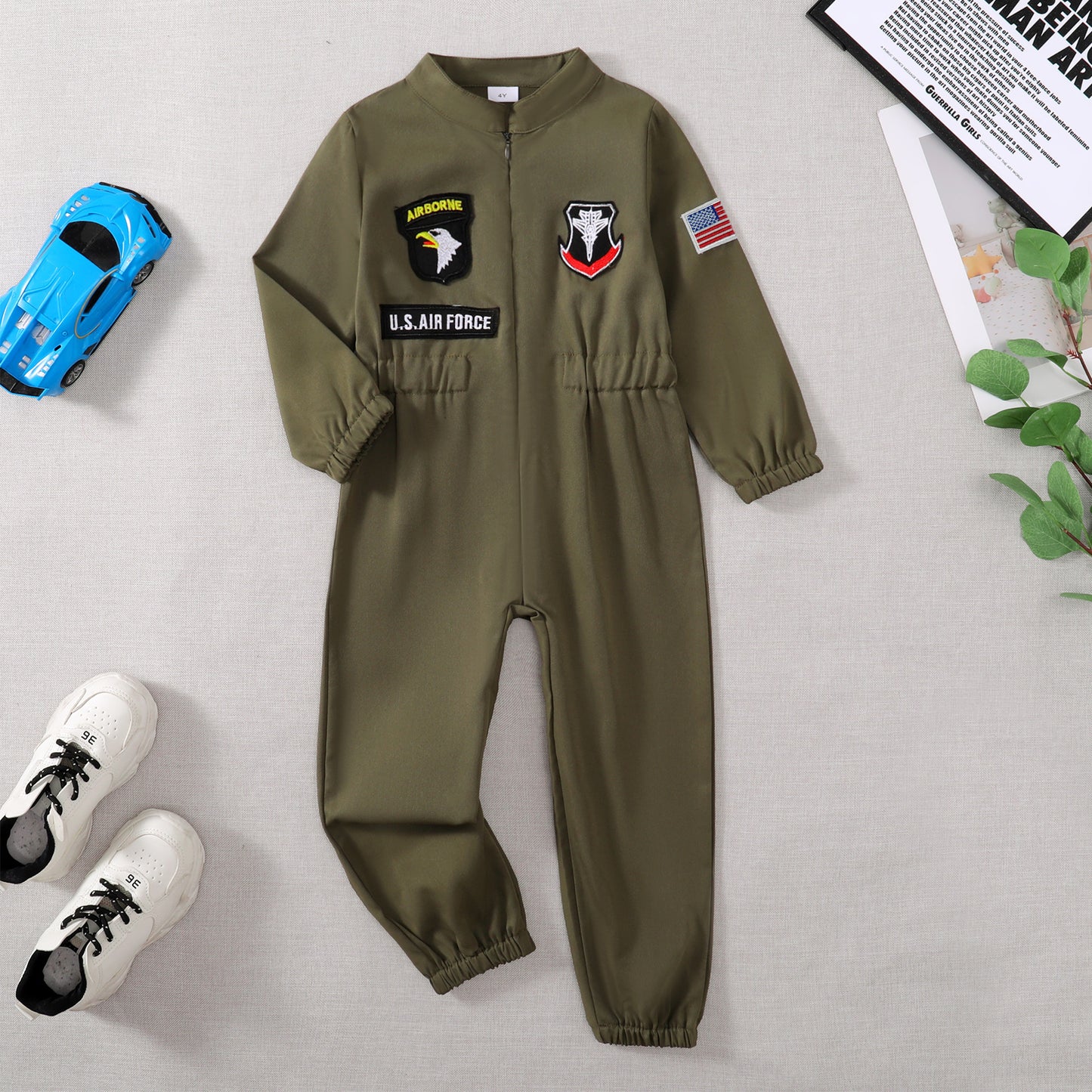 Toddler Boys Pilot Jumpsuit Army Green Long Sleeve Romper, Perfect For Birthday Party Outfits