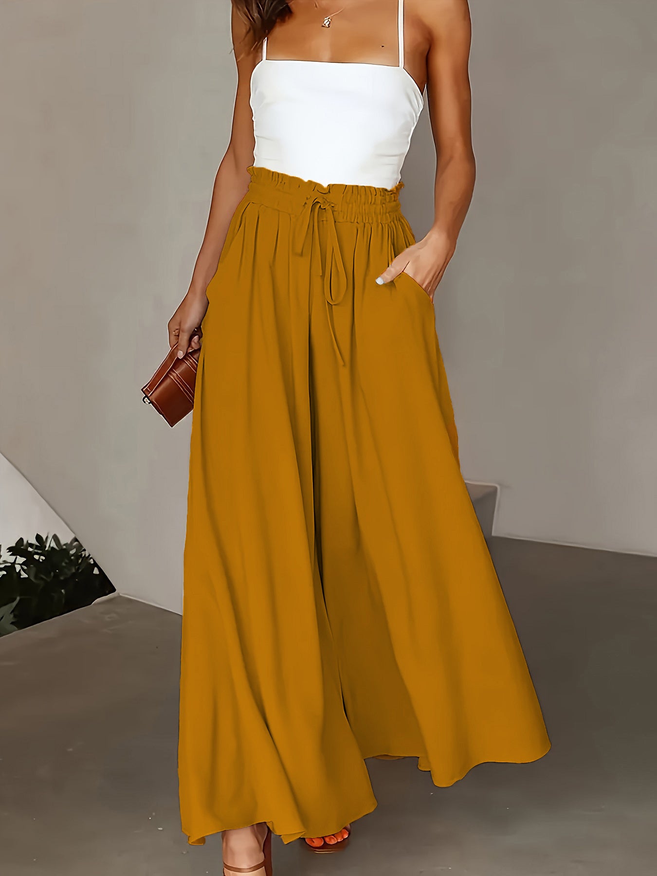Plus Size Wide Leg Pants - Stylish Solid Paper Bag Waist Design, Elegant Pocket Tie Front, Loose Fit For Comfort, Perfect For Spring & Summer, Women's Fashionable Clothing For Curvy Figures