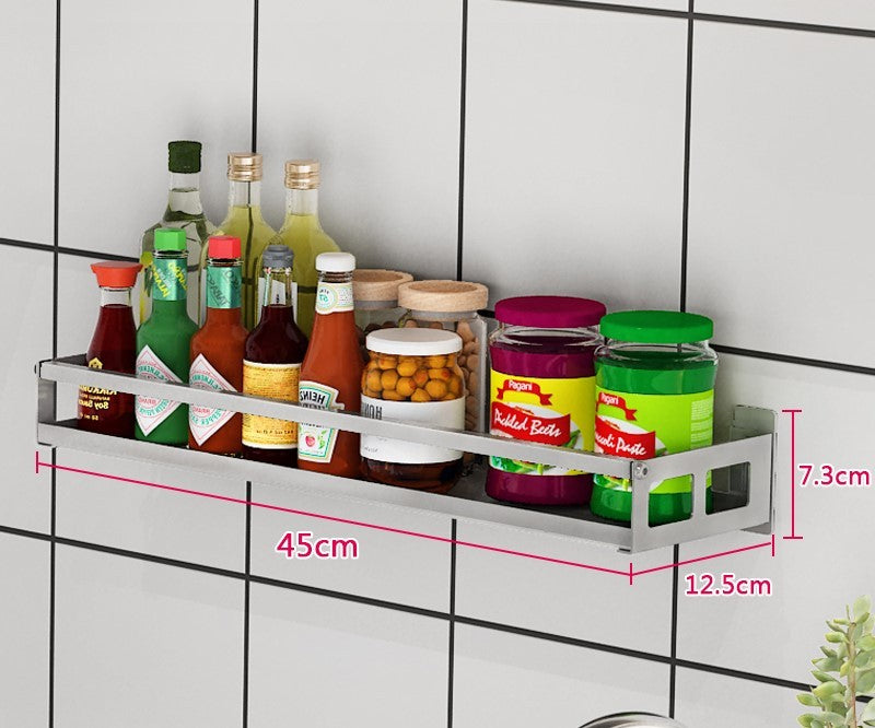 Wall-mounted non-perforated wall condiment storage shelf