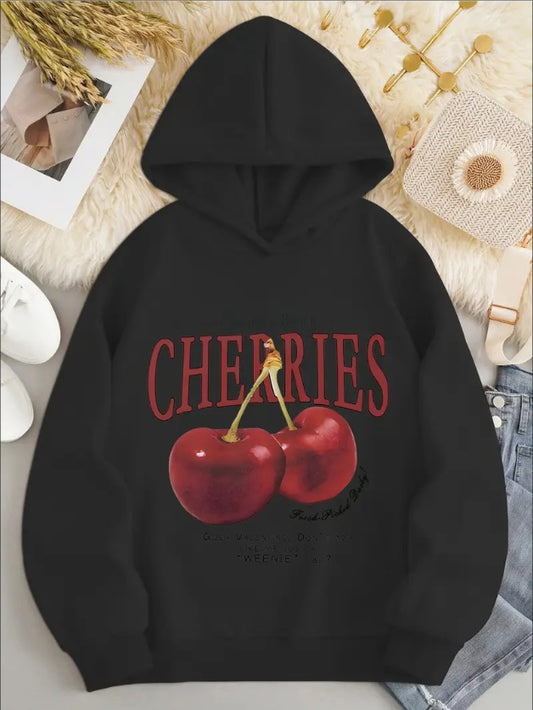 Cherry Print Hoodie, Casual Long Sleeve Hoodies Sweatshirt, Women's Clothing