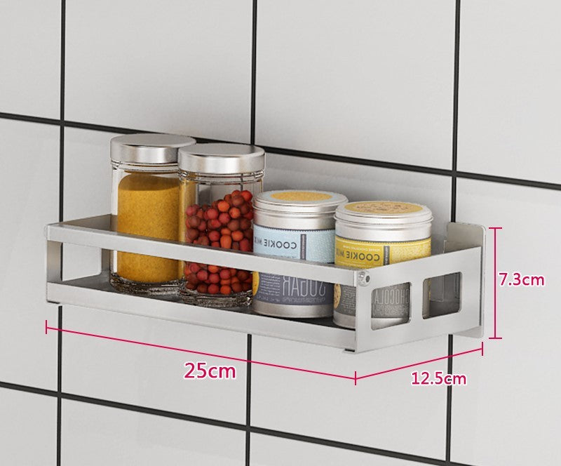 Wall-mounted non-perforated wall condiment storage shelf