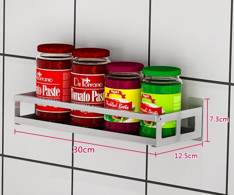 Wall-mounted non-perforated wall condiment storage shelf