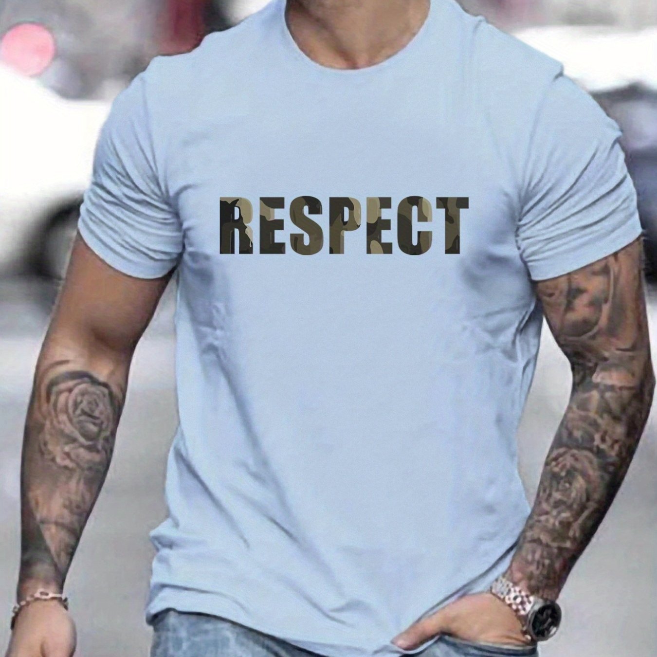 Letter RESPECT Pattern Printed Men's T-shirt, Patterned T-shirt Men's Summer Clothing, Men's Clothing