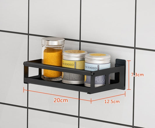 Wall-mounted non-perforated wall condiment storage shelf