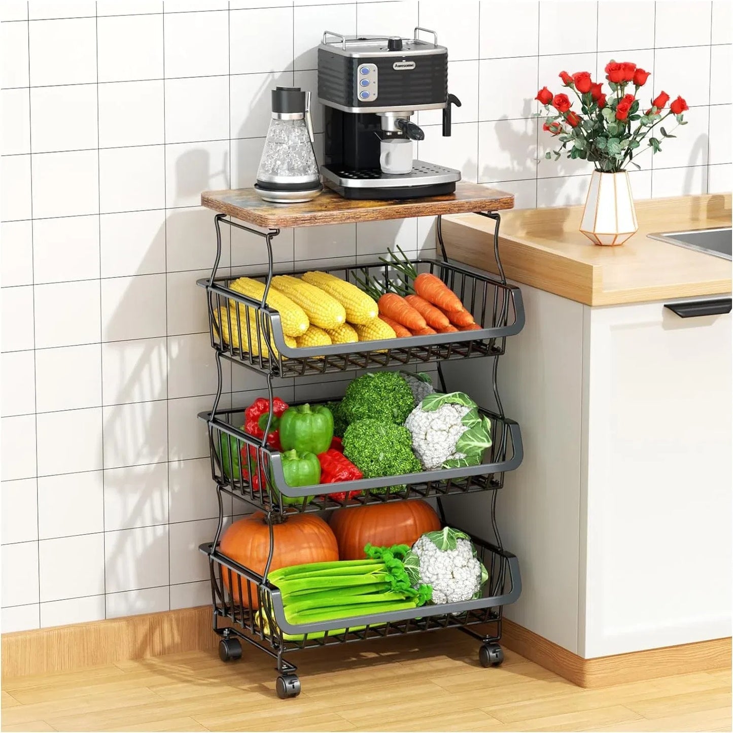 Tier Fruit Basket For Kitchen Organizers And Storage,with Solid Wood Top,Stackable Metal Wire Basket Stand Cart With Wheels For Fruit Vegetable