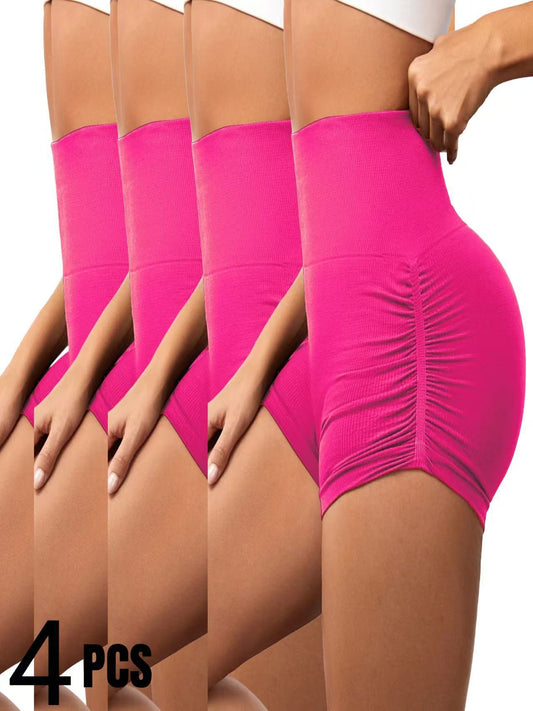 4 PCS Sexy Solid Color Women Fitness Sport Short High Waist Athletic Yoga Short Leg Cycling Comprehensive Training Jogging Squat Proof Summer Solid Color Women's Seamless Yoga Shorts