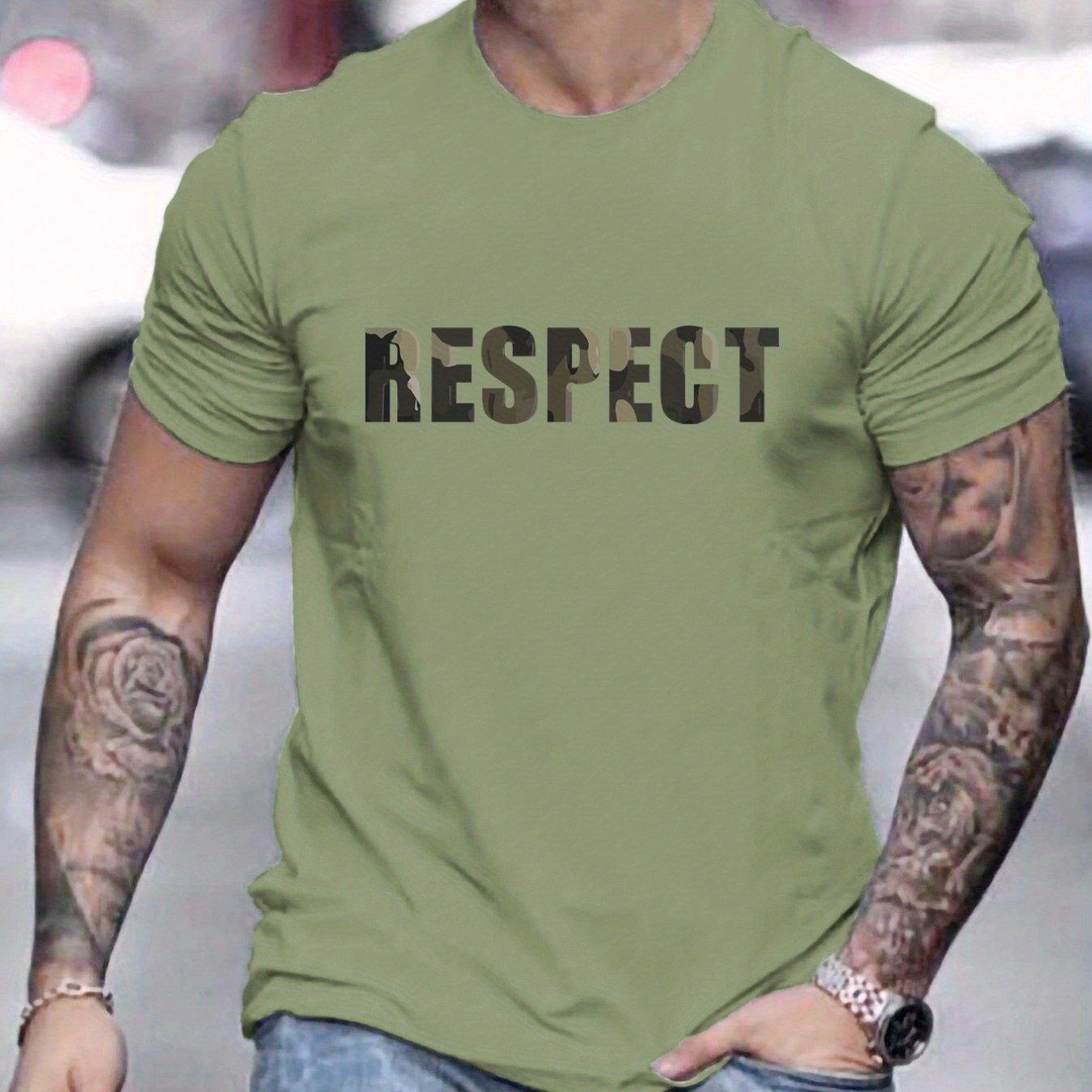 Letter RESPECT Pattern Printed Men's T-shirt, Patterned T-shirt Men's Summer Clothing, Men's Clothing