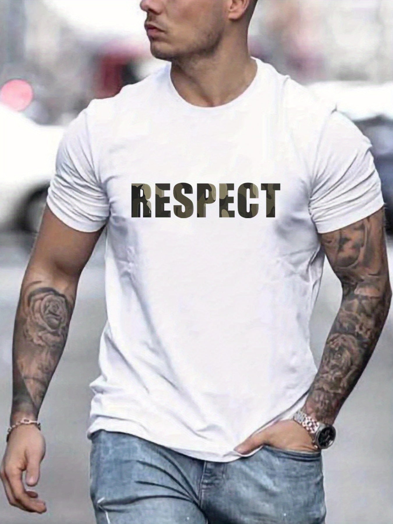 Letter RESPECT Pattern Printed Men's T-shirt, Patterned T-shirt Men's Summer Clothing, Men's Clothing