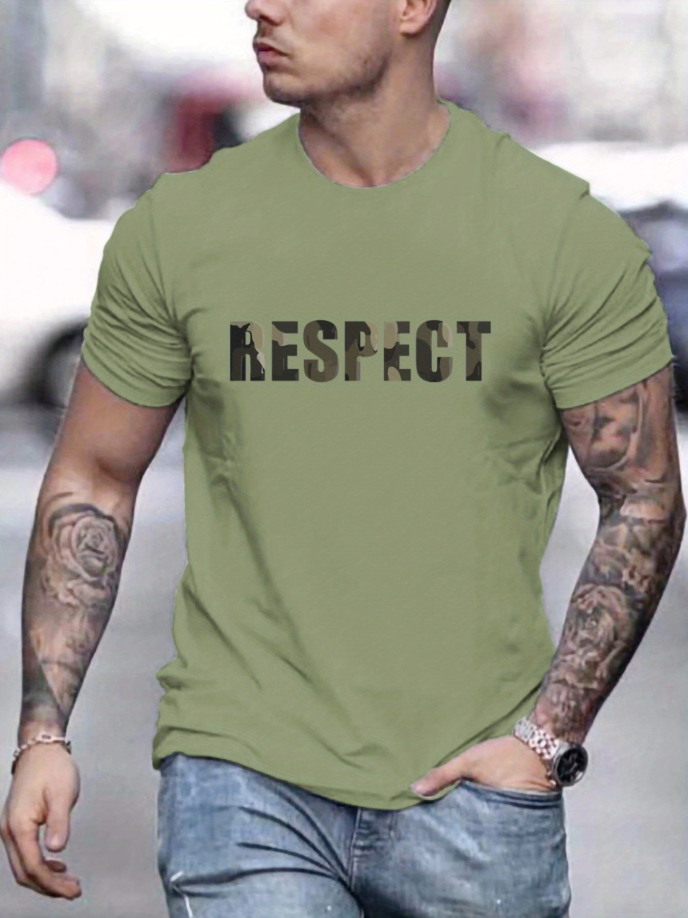 Letter RESPECT Pattern Printed Men's T-shirt, Patterned T-shirt Men's Summer Clothing, Men's Clothing