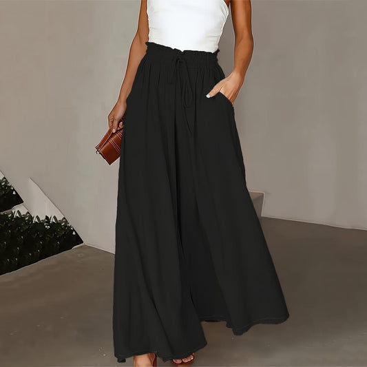 Plus Size Wide Leg Pants - Stylish Solid Paper Bag Waist Design, Elegant Pocket Tie Front, Loose Fit For Comfort, Perfect For Spring & Summer, Women's Fashionable Clothing For Curvy Figures