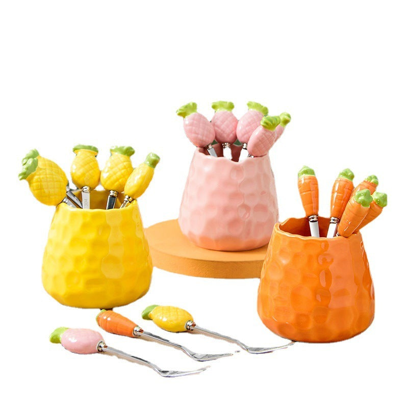 Household Stainless Steel Fruit Fork Storage Jar Set